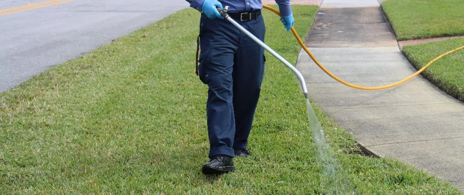 Pest control employee treating lawn in Pembroke Pines, FL.