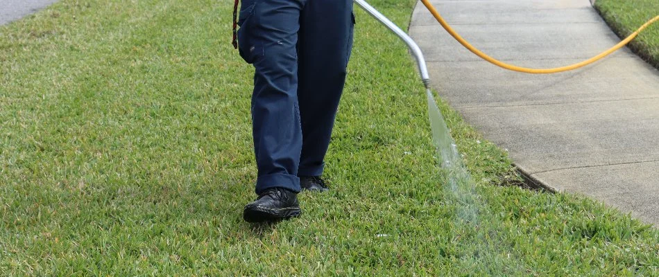 Lawn in Miramar, FL, getting sprayed with insect control treatment.
