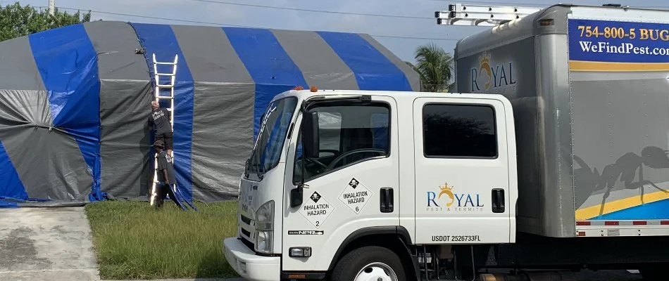 Truck and fumigation tent for termite control in West Little River, FL.