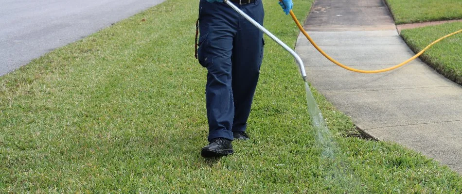 Worker in Miramar, FL, treating weeds on a lawn with weed control.
