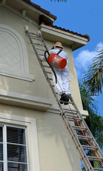 Technician climbing a ladder to apply perimeter pest control treatments in Pembroke Pines, FL.